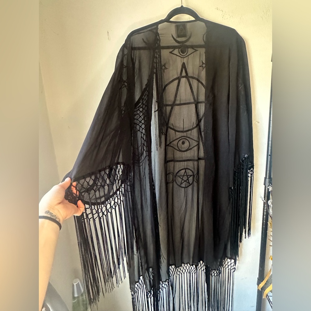 UNIF Wiccan Black Fringe Kimono with Mystical Celestial Witchy Design